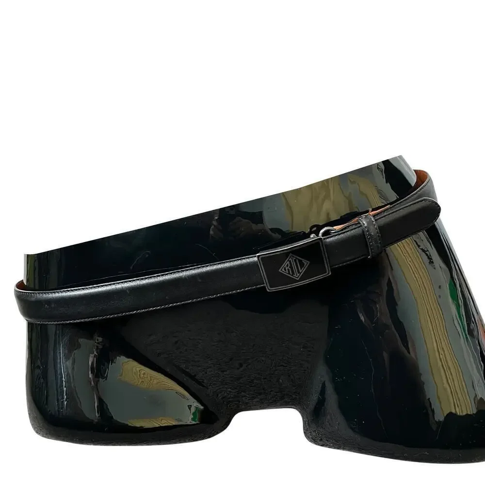 Ralph Lauren Art Deco Monogram Logo Buckle Black Leather Belt